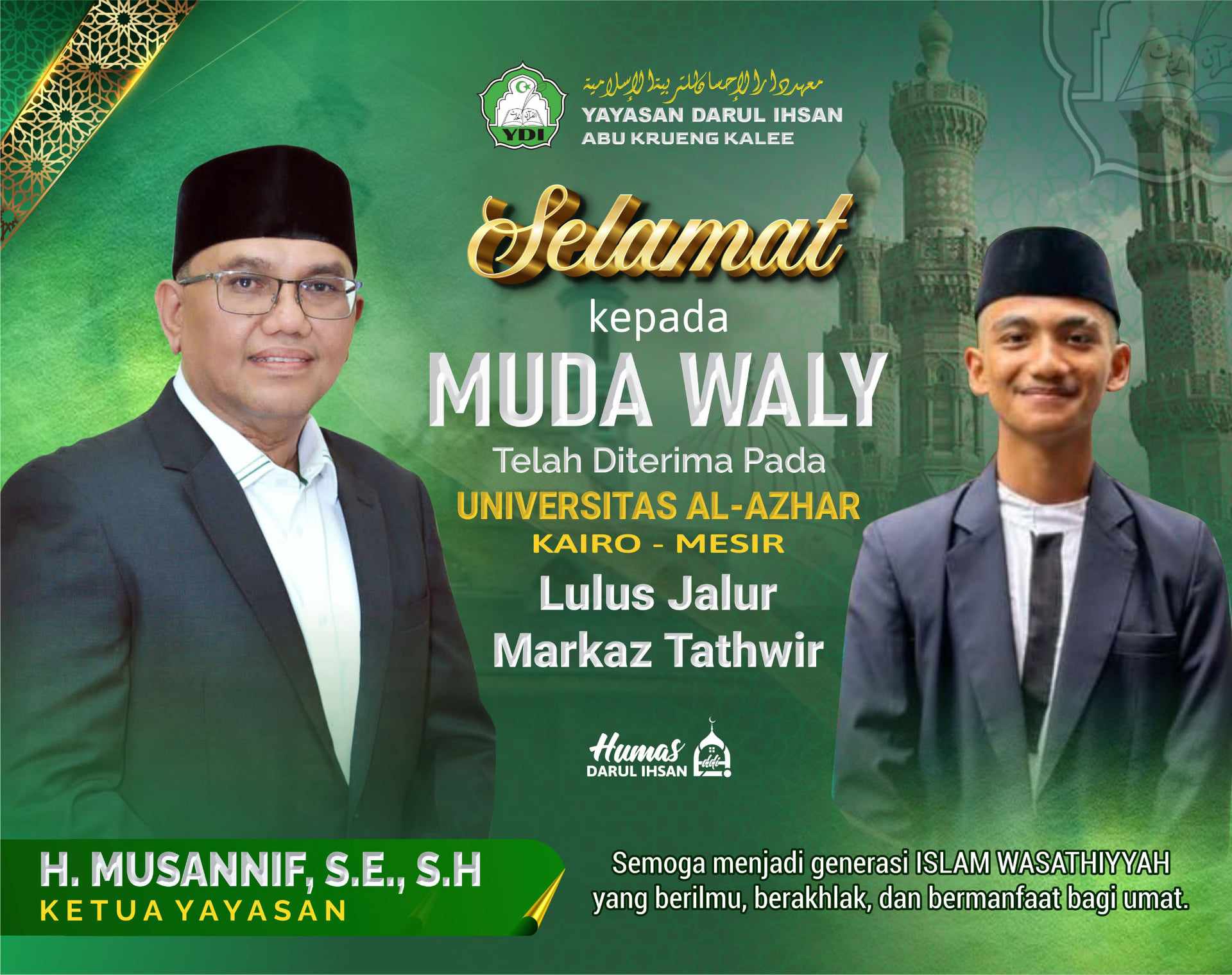 Santri Darul Ihsan, Muda Wali, Lulus Jalur Istimewa ke Universitas Al Azhar